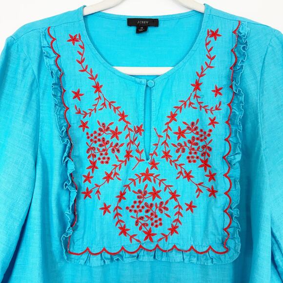 J. Crew Embroidered Linen Tunic Top Monaco Blue Red Floral Embroidery Women's M - Picture 2 of 9